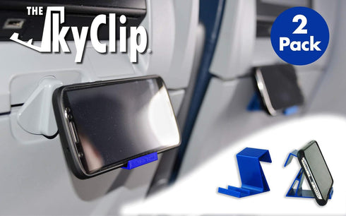 Airplane Cell Phone Back of Seat Inflight Tray Table Clip and Sturdy Phone Stand, Compatible with iPhone, Android, Tablets, and Readers, Travel Must Have (Blue 2 Pack)