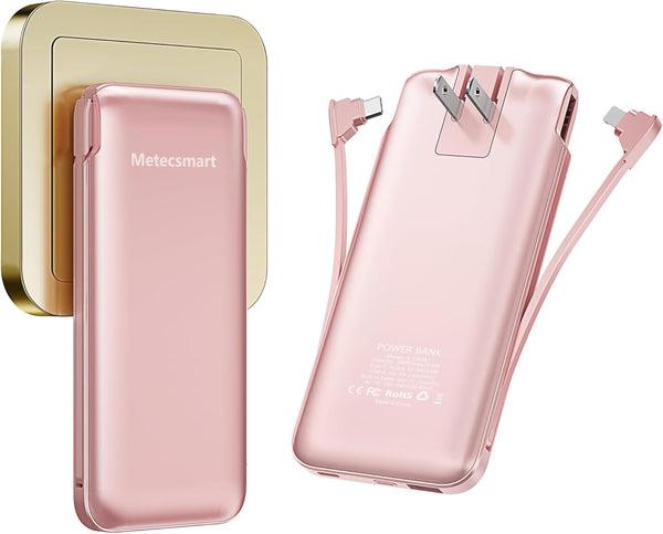 Portable Charger Power Bank 10,000mAh with Built-in Cable and AC Wall Plug, Slim Mini Fast USB-C Charger for Smartphones