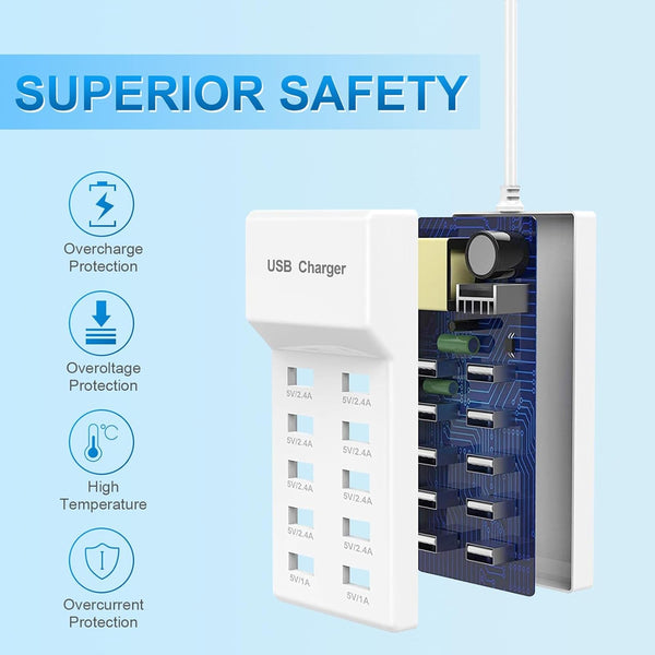 QIONMAR USB Wall Charger, 10-Ports Power Hub Strip, Smart Plug Charging Dock Compatible with iPhone 15, Galaxy S