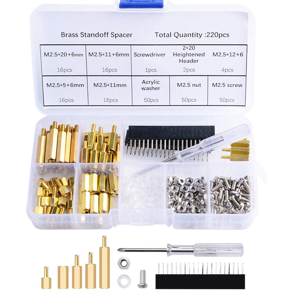 GeeekPi 220PCS Brass Standoffs M2.5 Hex Column Screw Nut Assortment Kit with Box for Raspberry Pi, Acrylic Washer