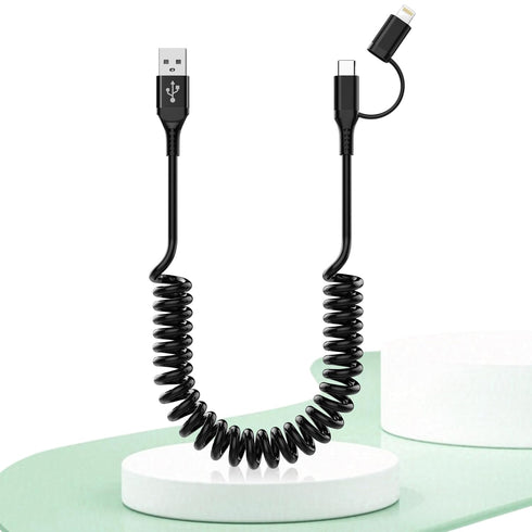 USB to USB-C and Lightning Cable 2 in 1, Short Coiled, 3A Fast Charge & Data Sync, Support Apple Carplay & Android Auto