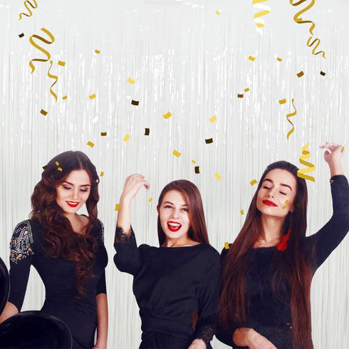 3Pcs White Metallic Tinsel Foil Fringe Curtains, 3.28ft x 6.56ft, White Photo Booth Backdrop Streamer Curtain for Party