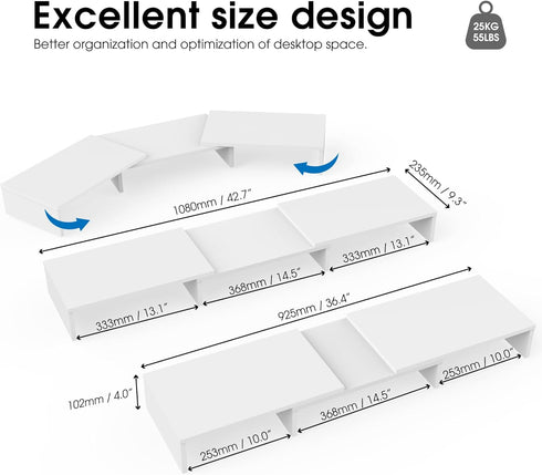 3 DT108008WW FITUEYES Dual Monitor Stand Shelf Computer Monitor Riser, Wood Desktop Stand with Adjustable Length