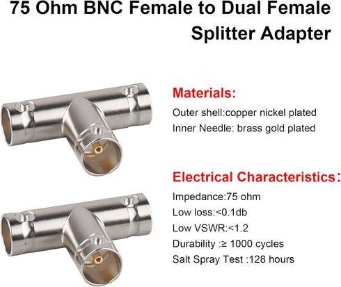 2PCS BNC Splitter Adapter, 75 Ohm BNC Female to Dual Female Splitter 1 in 2 Out for SDI HD-SDI CCTV Security System