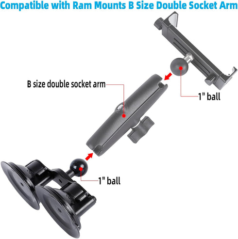 Dual Suction Cup Base with 1" Ball, Heavy Duty 2 Suction Car Mount Base Compatible with RAM Mounts and Other B Size