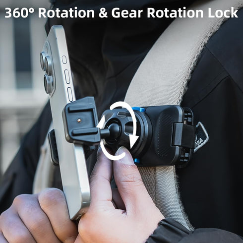 Rugvis Backpack 360 17/16/15 Magnetic Phone Clip Mount for Strap, Rotating Hands-Free Phone Holder Compatible
