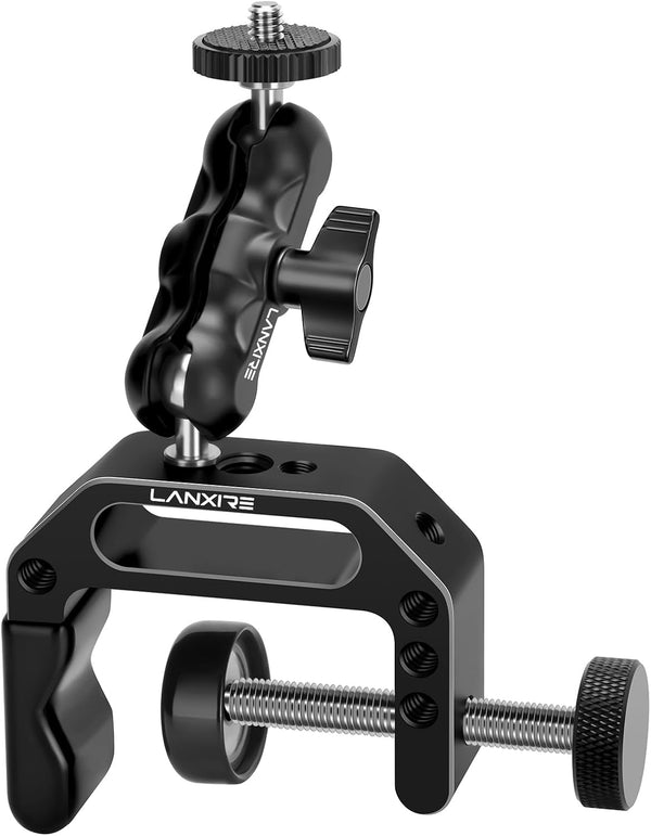 Camera Mount Clamp with Mini Magic Arm, 1/4" and 3/8" Threaded Holes for Camera, Action Camera, Flash, Light