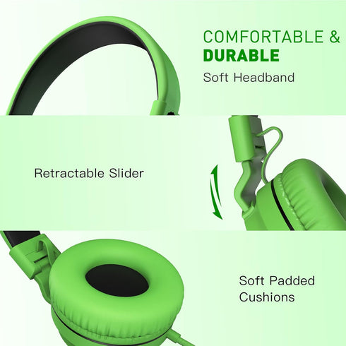 rockpapa 950 Wired Headphones for Kids Girls Boys for School Classroom with Microphone, On-Ear Foldable Corded Headphones with Jack 3.5mm for Laptop Computer Tablet Chromebooks Black Green