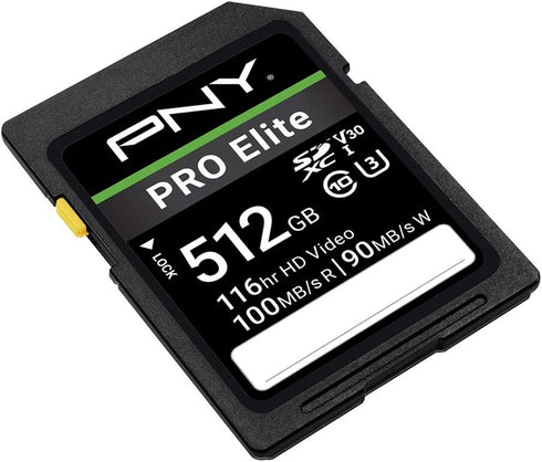 PNY 512GB PRO Elite Class 10 U3 V30 SDXC Flash Memory Card, 100MB/s, Class 10, U3, V30, 4K UHD, Full HD, UHS-I, Full