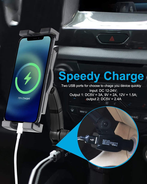 Cigarette Lighter Car Phone Mount with Dual USB Charger, Fast Charging Holder for iPhone 15 Pro Max, Samsung Galaxy