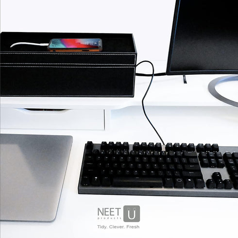 NEET Large Cable Management Box, Computer Cord Organizer to Hide and Conceal Power Cables for Desks, Black Stitched