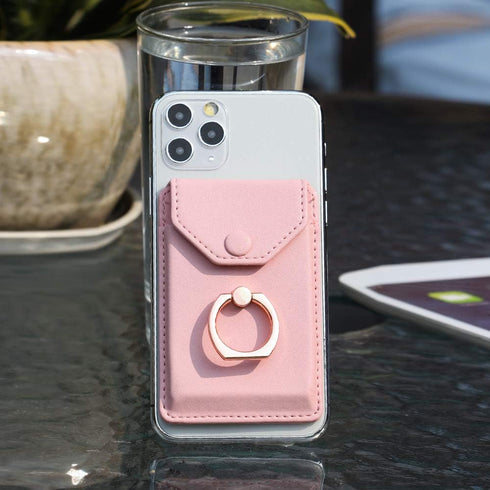 Cell Phone Card Holder RFID Ring Stand Stick on Wallet for Back of Phone, iPhone, Android, All Smartphones - Pink