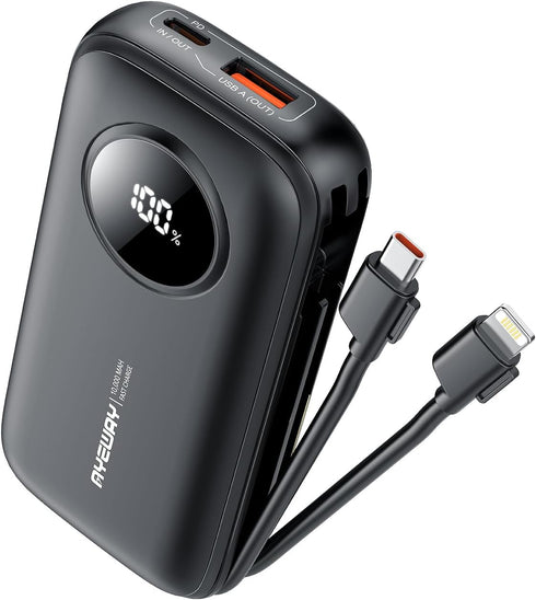 AYEWAY 10,000mAh Mini Portable Charger with Built-in Cable, USB C Fast Charging Power Bank with 4 Outputs, External