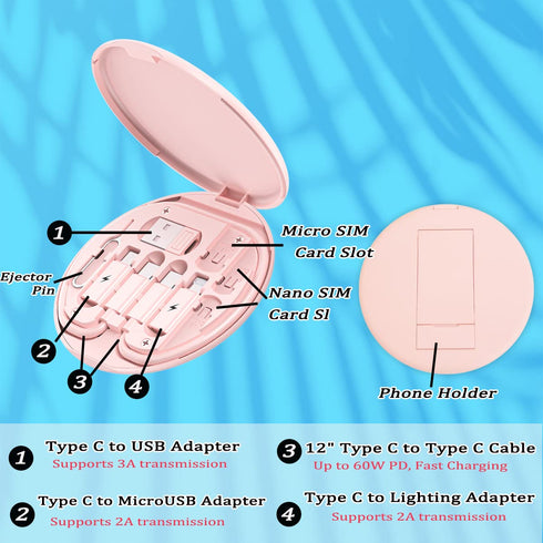 Multi USB Charging Adapter Cable Kit, USB C to Lighting Adapter Box, Data Transfer, Phone Holder (Pink)