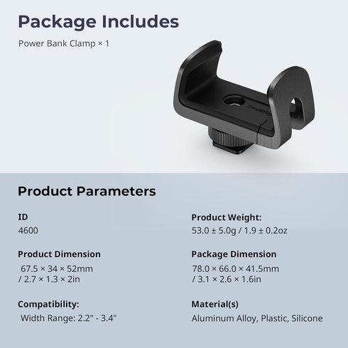 SMALLRIG Power Bank Holder with Cold Shoe Mount, Adjustable Clamp for Camera Rig and Phone Cage - 4600