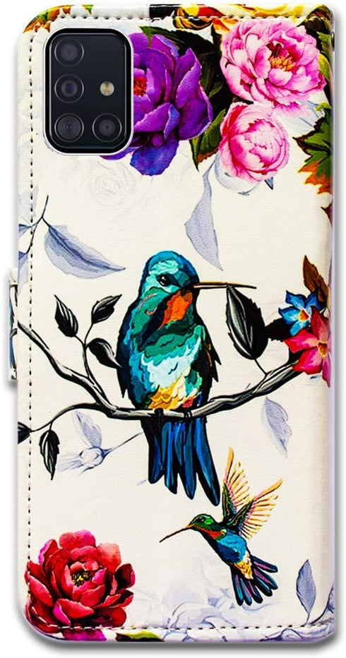 Wallet Case for Galaxy A51, Hummingbird in Flowers Leather Flip Cover with Card Slot Holder Kickstand for Samsung