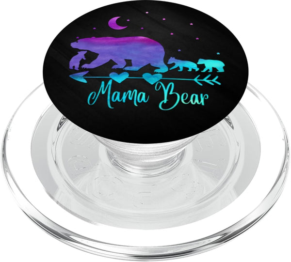 Purple Turquoise Watercolor Mama Bear Three Cubs on a Black PopSockets PopGrip for MagSafe