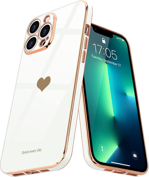 Teageo Cute Love-Heart Luxury Bling Plating Soft Back Cover Case for iPhone 13 Pro Max, White, with Raised Camera