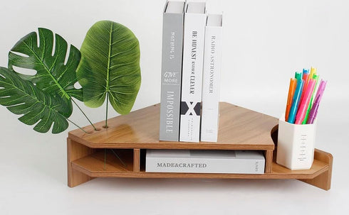 Triangle Monitor Stand Riser, Cut Triangle Desktop Corner Shelf with Drawers, Wooden Computer Stand with Storage for
