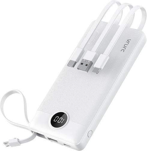 VRURC Portable Charger 10000mAh with Built-in Cables, LED Display Slim USB C Battery Pack for iPhone, Samsung, Android