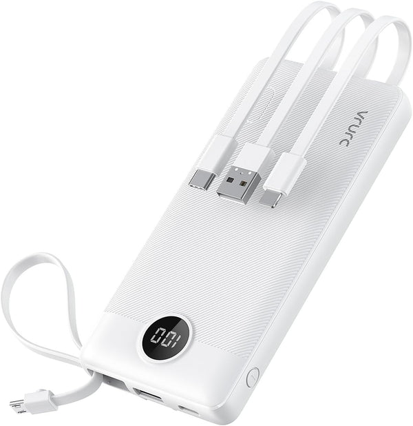VRURC Portable Charger 10000mAh with Built-in Cables, LED Display Slim USB C Battery Pack for iPhone, Samsung, Android