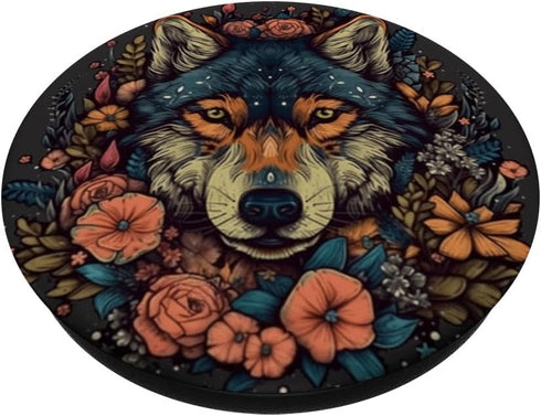 Wolf With Flowers Around Boho Style PopSockets Standard Grip