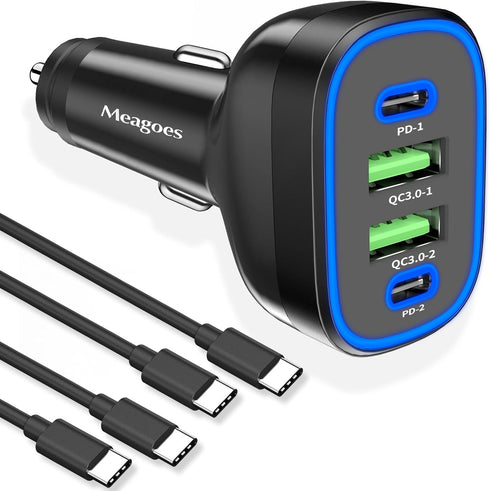 72W 4-Port USB C Super Fast Car Charger for iPhone 16 Pro Max/Plus, Samsung Galaxy S24 Ultra, Google Pixel 9, Multi Port