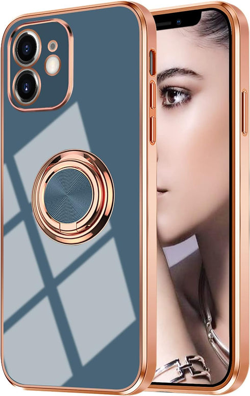 Omorro Ring Holder Case for iPhone 11, Built-in 360 TPU Rotation Kickstand, Glitter Plating Rose Gold Edge, Slim Luxury