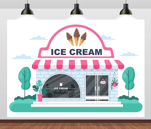 CORFOTO 10x8ft Summer Fabric Ice Cream Shop Backdrop Pink White Striped Awning Brick Building Scene Photography