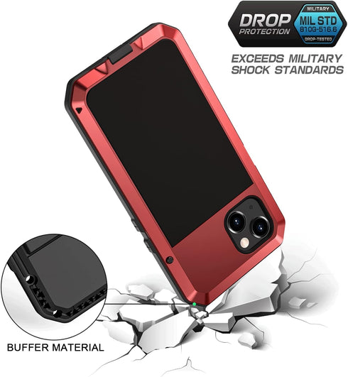 Lanhiem Metal Case for iPhone 13, Heavy Duty Shockproof Rugged Cover with Built-in Glass Screen Protector, Red