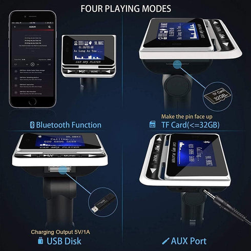 Bluetooth FM Transmitter for Car, Wireless Radio Adapter with Remote Control, Handsfree Auto Kit, USB Charger, and Aux