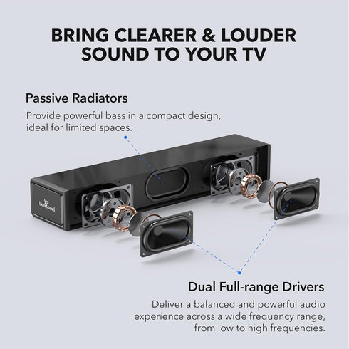 Small Sound Bar for TV, PC, Gaming | Mini TV Speaker Soundbar with Bluetooth/HDMI ARC/Optical/AUX/USB Connections