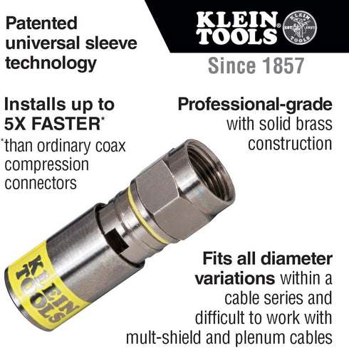 Klein Tools VDV812-612 Universal Compression F Connectors RG6/6Q Coax, Universal Sleeve Technology, Professional Grade,