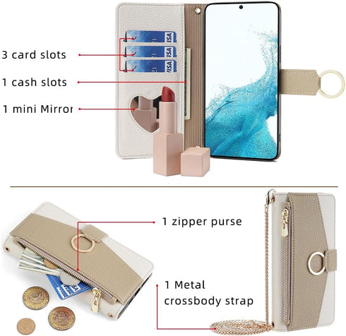 Asuwish Phone Case for Samsung Galaxy S22 5G Wallet Cover with Screen Protector and Mirror PU Leather Flip Cover Ring Card Holder Crossbody Strap Stand Cell S 22 22S 4G G5 6.1 inch Women Girls White