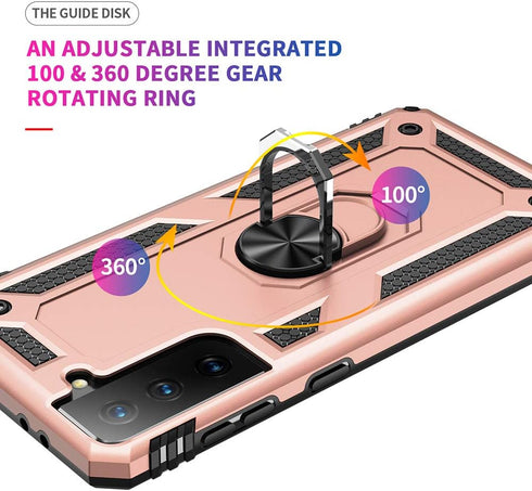 Samsung Galaxy S21 Plus Case 5G Military Grade Heavy Duty Armor Shockproof with Metal Rotating Ring Kickstand (Rose