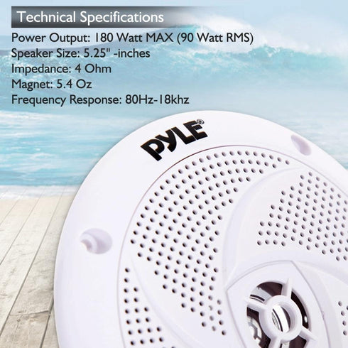 Pyle Marine Speakers - 5.25 Inch 2 Way Waterproof Outdoor Audio System, 180 Watt Power, 1 Pair, White