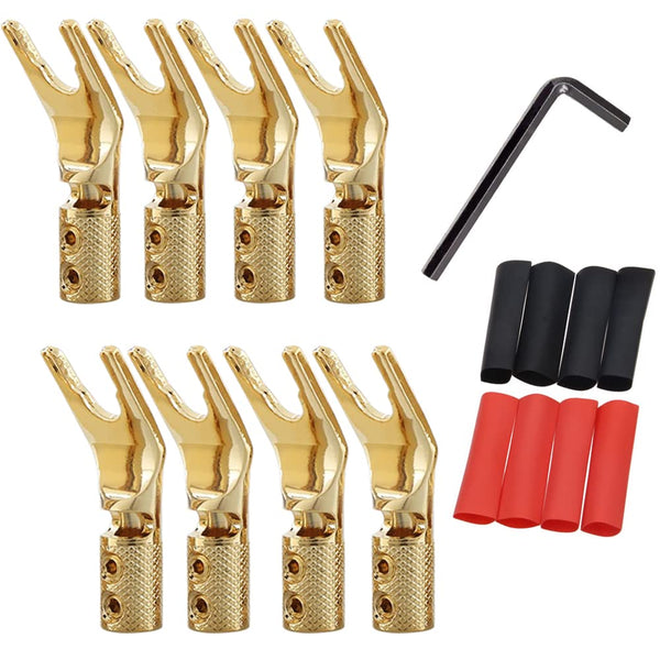 Tertullus 8 Pcs Pure Copper Speaker Spade Connectors, 45 Degree Gold Plated Screw Locking Adapter Fork Spade Plugs