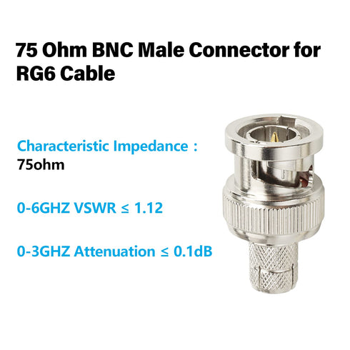 XRDS -RF BNC Compression Connector for RG6 Coaxial Cable, BNC Male Connectors for CCTV