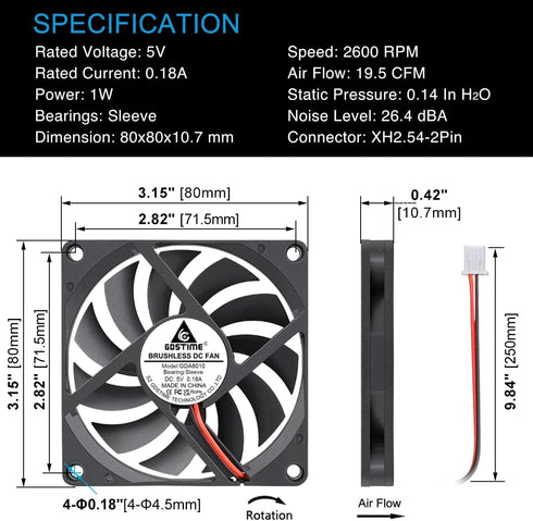 Gdstime DC 5V Brushless Cooling Fan, 80mm x 80mm x 10mm, 2PIN