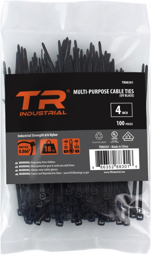 TR Industrial Black Cable Ties, Multi-Purpose, UV Resistant, 4 inches, 100 Pack