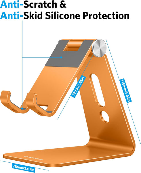OMOTON Adjustable Cell Phone Stand, Aluminum Desktop Cellphone Stand with Anti-Slip Base and Convenient Charging Port
