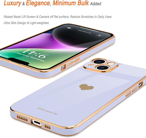 Teageo Cute Love Heart Luxury Electroplate Case for iPhone 14, Raised Camera Protection Bumper, Purple