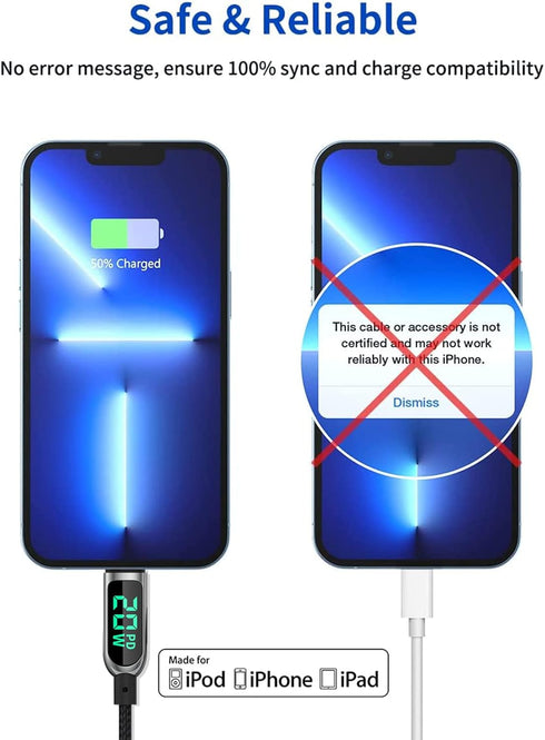 AICase 4FT USB C to Lightning Cable with LED Display, compatible with iPhone 13, 12, 11, AirPods Pro, supports Power