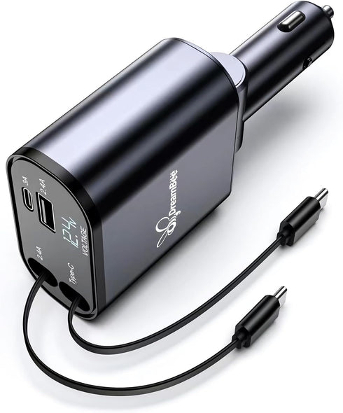 Retractable Car Charger, 66W Super Fast USB Charger with Dual Type-C Cables and 2 USB Ports for iPhone and Samsung