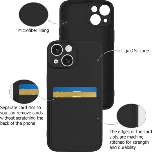iPhone 15 Wallet Case - Black Soft Liquid Silicone with Card Holder, Scratchproof & Shockproof Protective Cover for Men