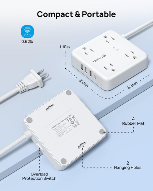 TROND 2 Prong Power Strip - 5ft Extension Cord with Multiple AC Outlets & USB Ports, 1440J Surge Protector