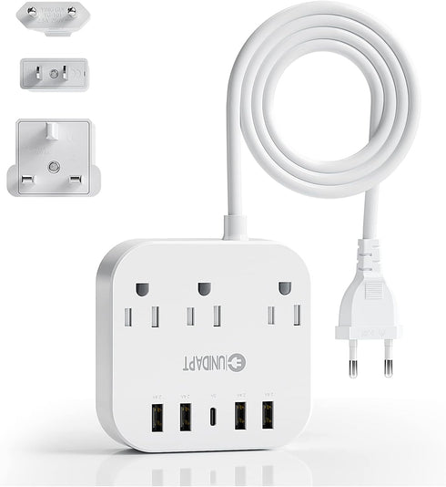 Unidapt European Plug Adapter, US to UK Europe Power Strip with 4 USB Ports, 3 AC Outlets, 5ft Extension Cord, Wall