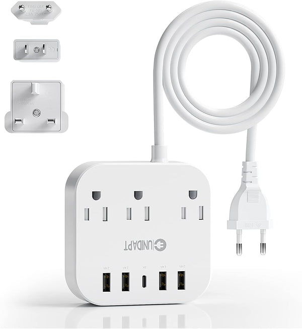 Unidapt European Plug Adapter, US to UK Europe Power Strip with 4 USB Ports, 3 AC Outlets, 5ft Extension Cord, Wall