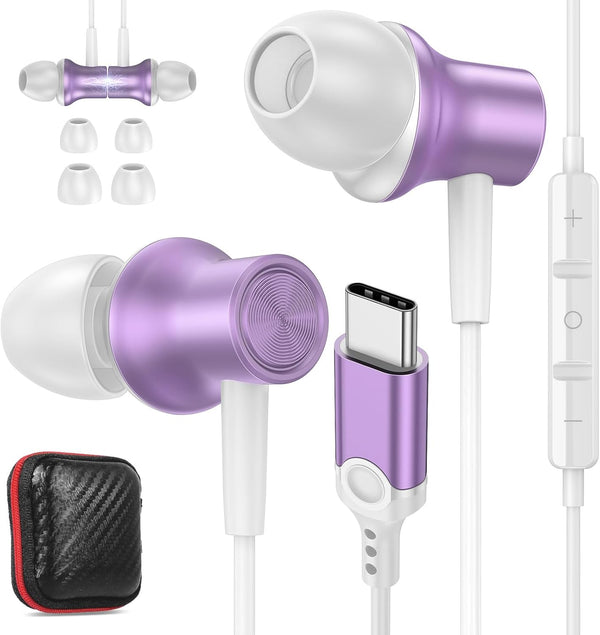 USB C Headphones for Samsung S24 Ultra S23 Fe A35, Type C Earphones Noise Isolating with Mic, Wired Earbuds, Purple