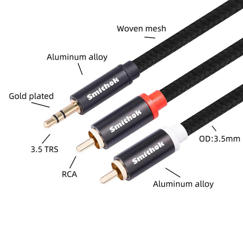 2 Pack 3.5mm to RCA Cable - Gold Plated Nylon Braided 1/8 Male to Male Stereo Aux Cord (6Ft/1.8m)